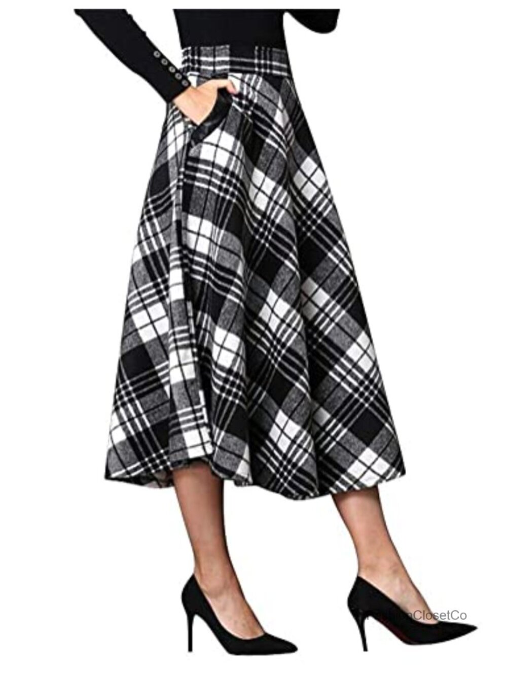 Women's Plaid A-Line Midi Wool Blend Skirt 2025 Fall Winter with Pockets